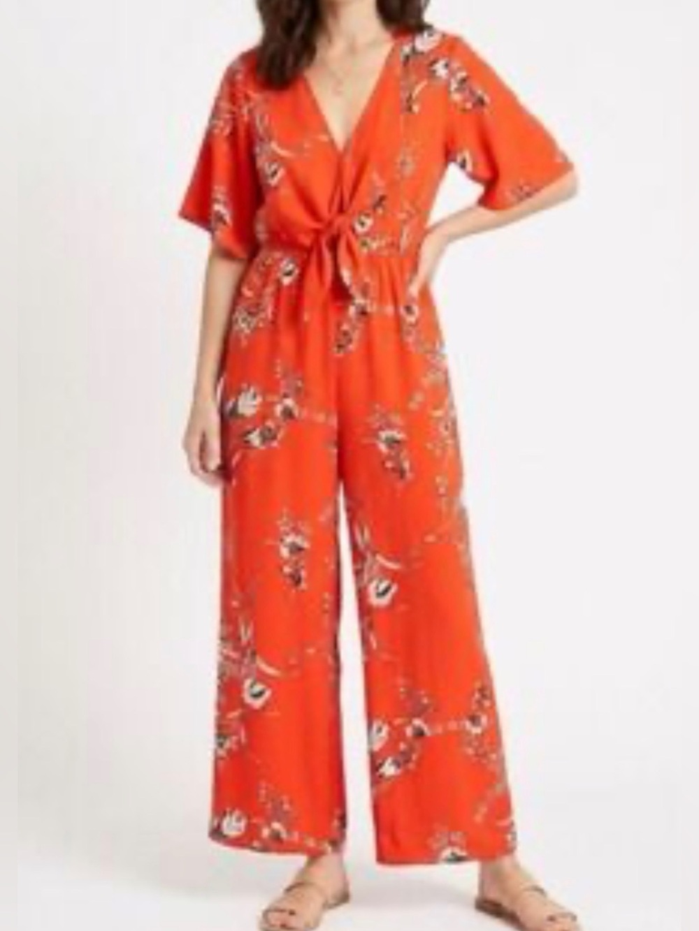 SIENNA SKY Women’s Orange Floral Tie-Front Wide Leg Jumpsuit M
